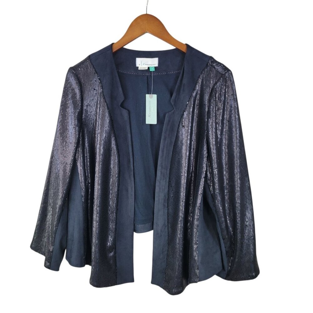 NEW $148 Anthropologie Black Faux Suede Open Front Blazer Plus 2X Jacket Sequin